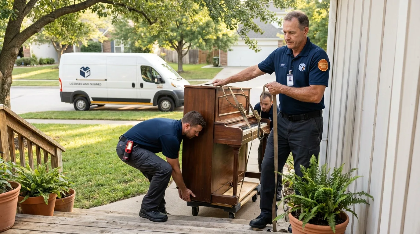 Licensed piano movers securing grand piano in Frankenmuth, MI