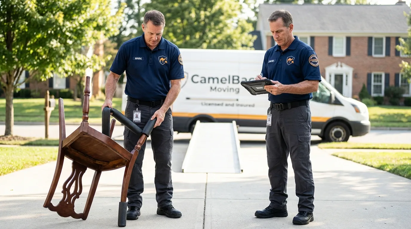 Movers inspecting furniture for damage prevention before loading in Frankenmuth, MI