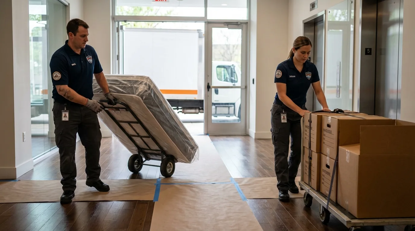 Professional apartment movers loading elevator in Frankenmuth, MI