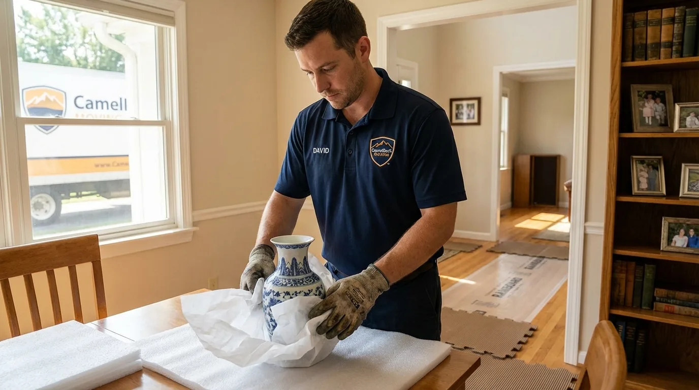 Professional crew carefully wrapping antique vase for senior downsizing move in Frankenmuth, MI