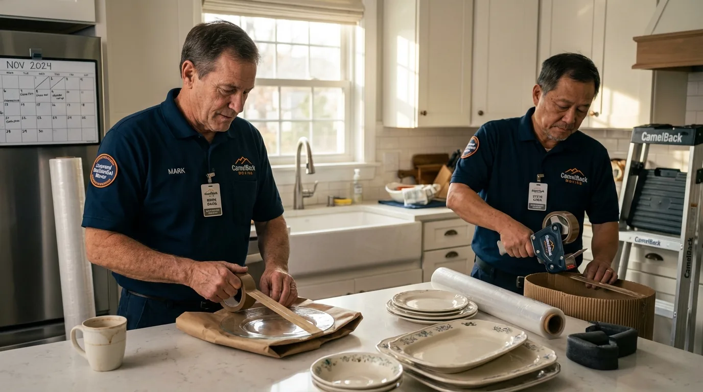 Professional crew packing kitchen dishware in Frankenmuth, MI